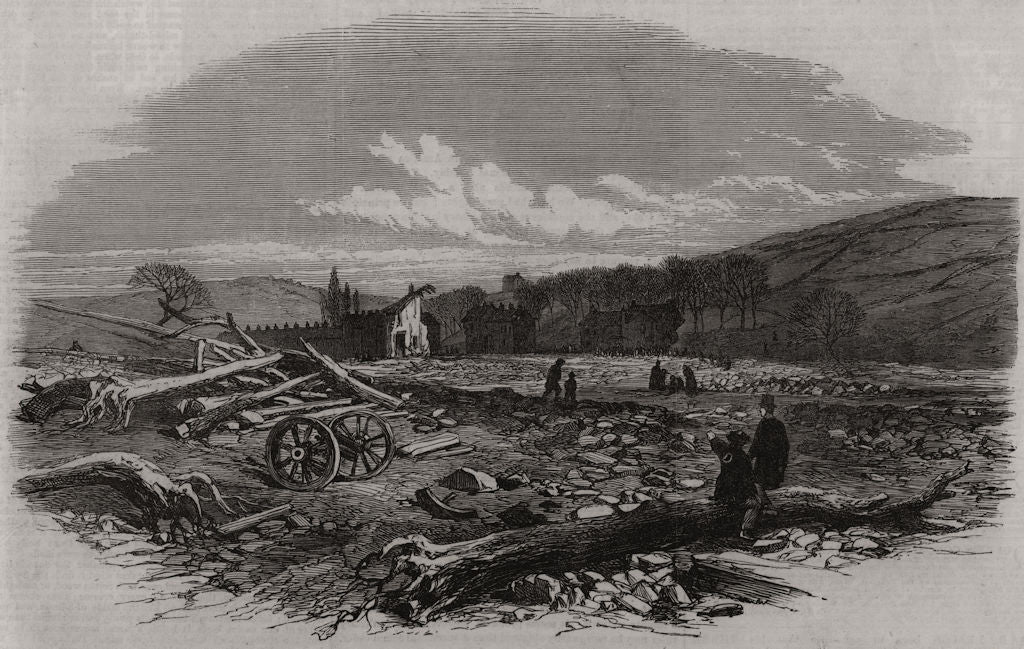 The flood at Sheffield: The village of Malin Bridge after the flood 1864 print